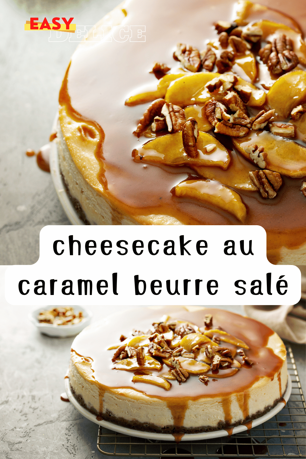 Cheesecake au caramel beurre salé, crémeux et gourmand, surmonté d’un nappage onctueux.