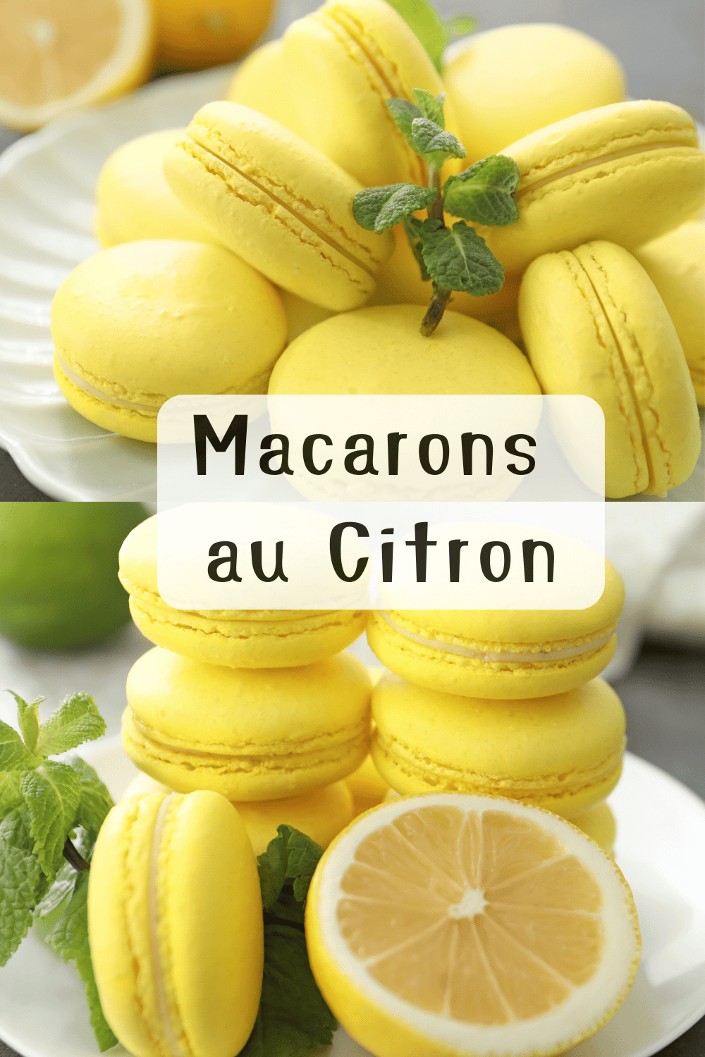 Macarons au citron jaunes et élégants, garnis d’une crème acidulée, prêts à être dégustés.