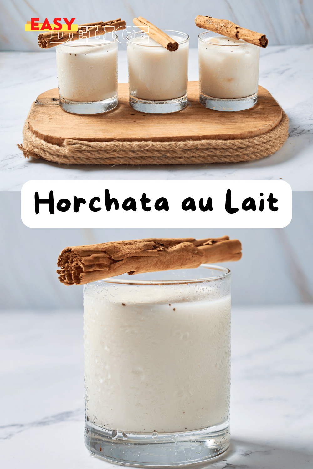 Horchata au lait servie dans un verre, décorée avec une pincée de cannelle et une tige de cannelle en garniture.