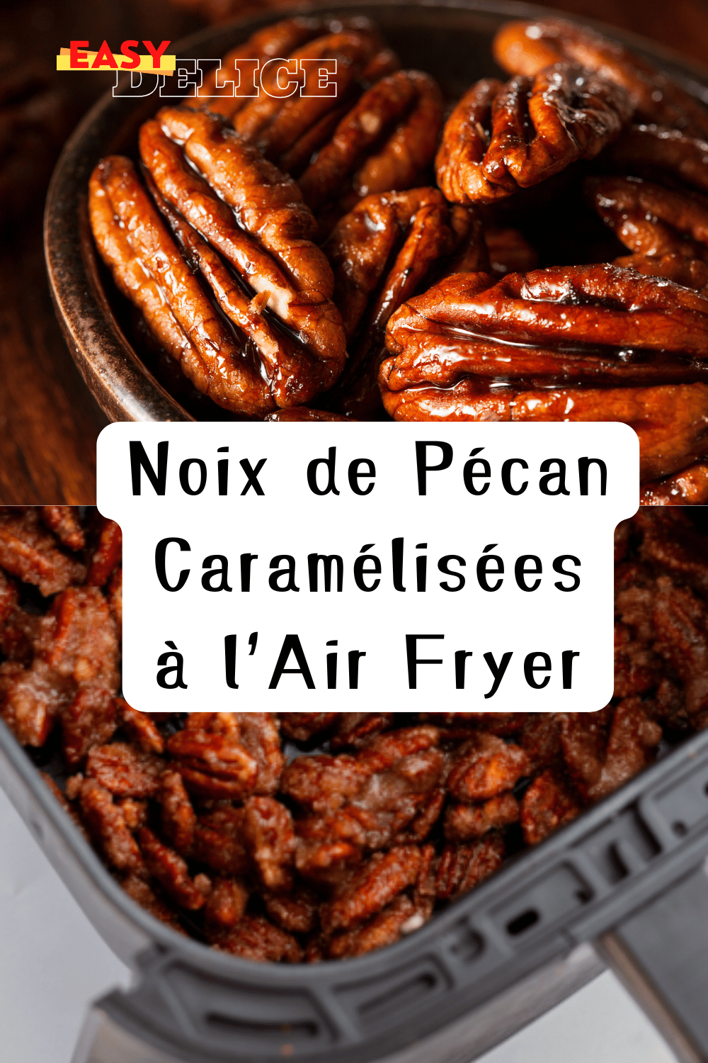 Noix de pécan caramélisées brillantes et croquantes, servies dans un bol élégant.