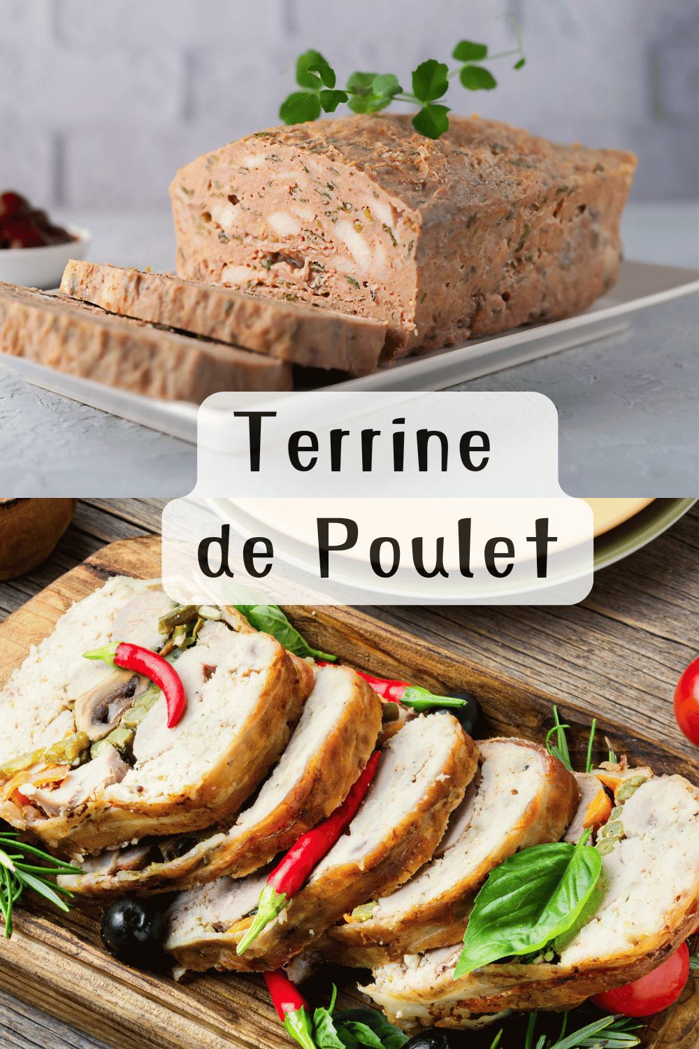 Terrine de poulet tranchée, garnie de légumes colorés et servie avec une salade verte.