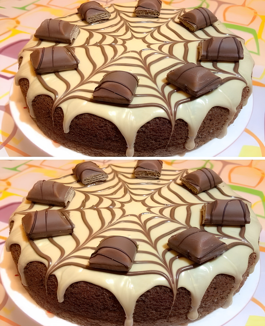 Gâteau aux Kinder Bueno découpé en parts, montrant des couches gourmandes avec une décoration aux barres Kinder Bueno.