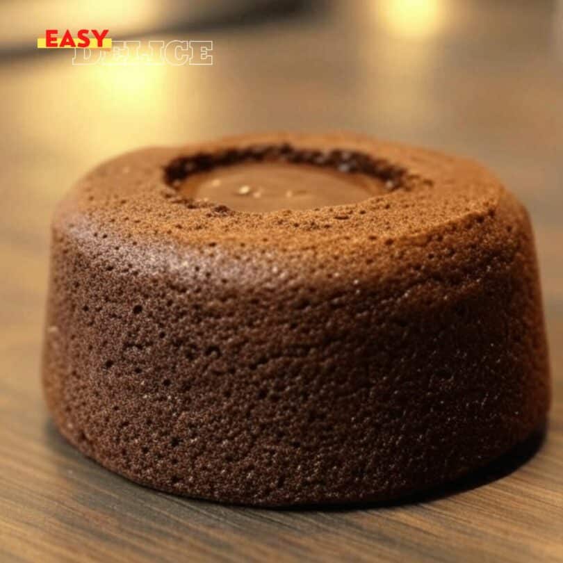 Gâteau fondant au chocolat servi avec une cuillère de compote et une décoration de copeaux de chocolat.