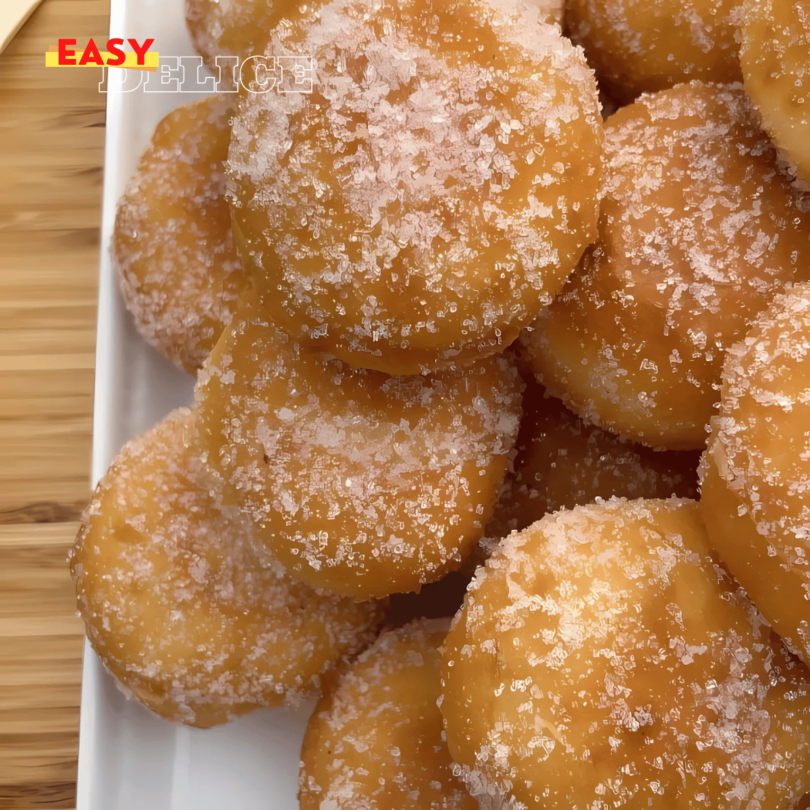 Mini beignets dorés et moelleux, saupoudrés de sucre, servis avec du Nutella en accompagnement.