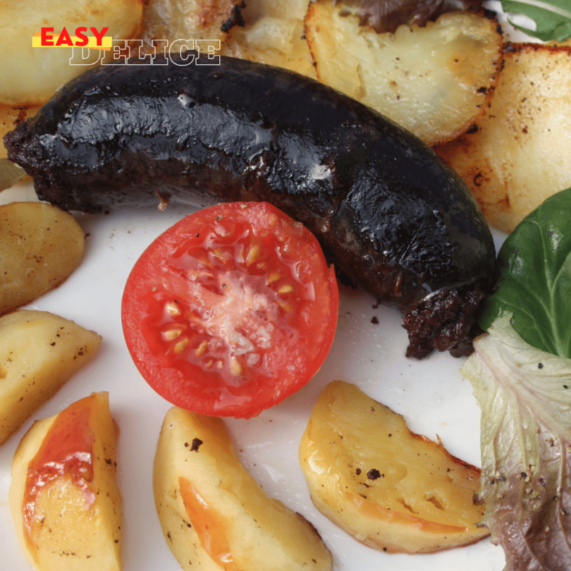 Boudin noir cuit à l’Air Fryer, servi avec une purée et des pommes caramélisées.