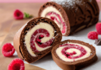 Bûche chocolat framboises élégamment décorée avec des framboises fraîches, du cacao saupoudré et une finition brillante.