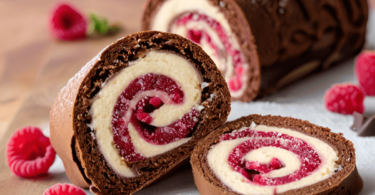 Bûche chocolat framboises élégamment décorée avec des framboises fraîches, du cacao saupoudré et une finition brillante.