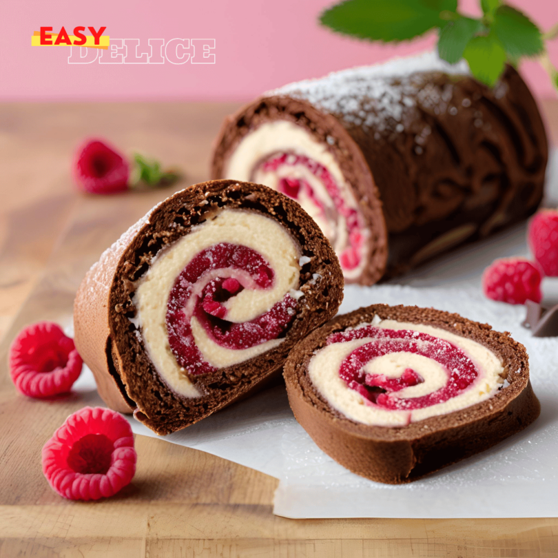 Bûche chocolat framboises élégamment décorée avec des framboises fraîches, du cacao saupoudré et une finition brillante.