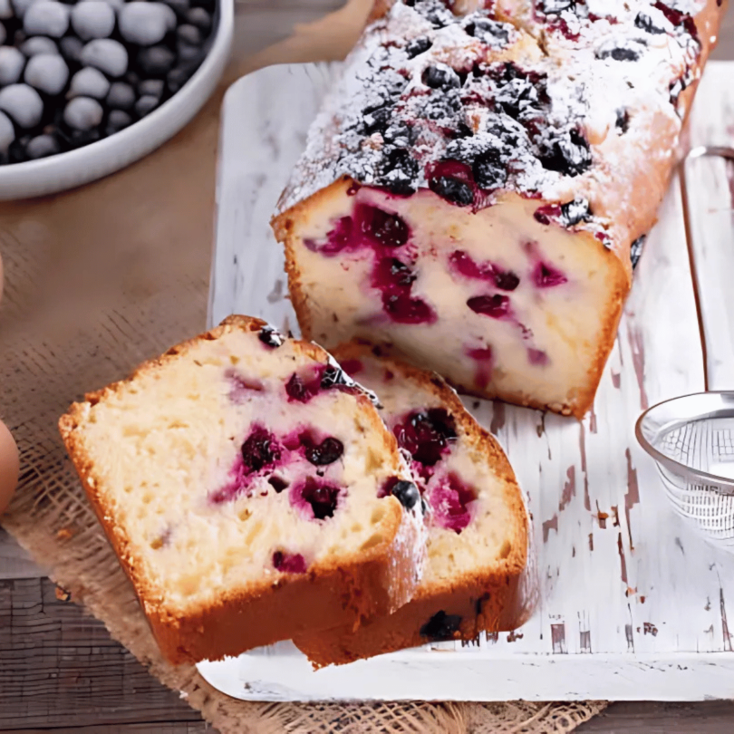 Quatre-quarts aux mûres moelleux avec des fruits juteux intégrés.