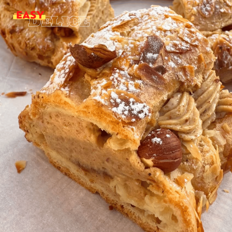 Un Paris-Brest doré, garni d’une crème mousseline pralinée, saupoudré de sucre glace et décoré de noisettes.