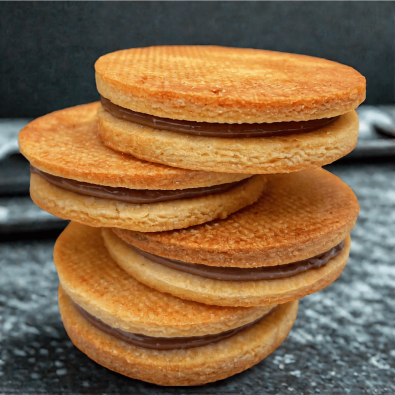 Biscuits sablés dorés, fourrés à la ganache au chocolat, élégamment présentés sur une assiette avec un café fumant.