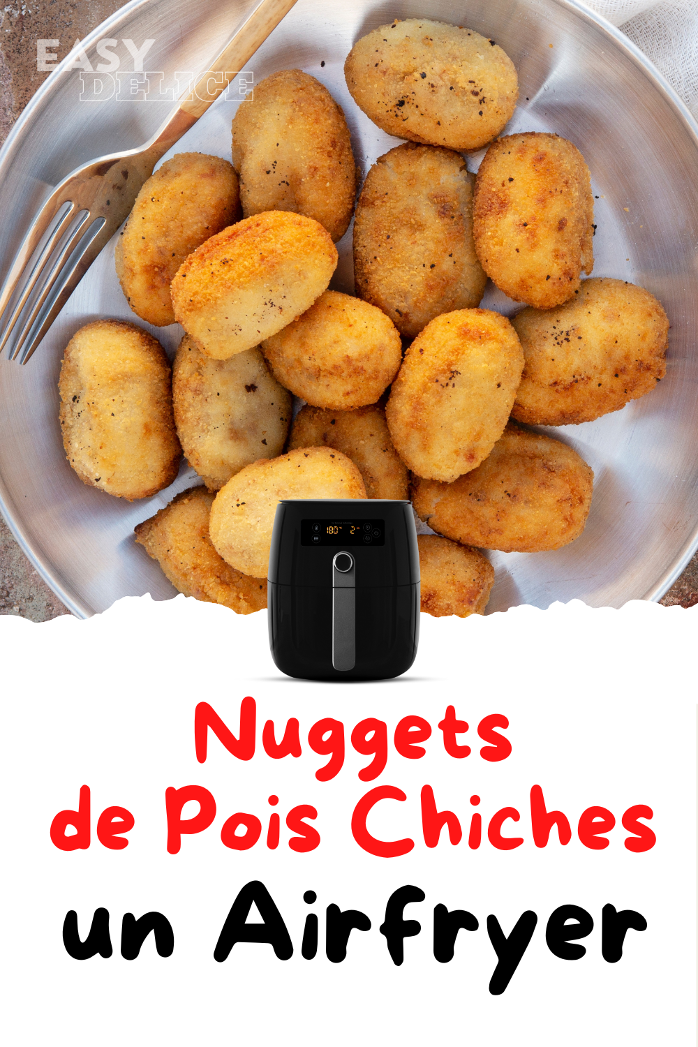 Nuggets de pois chiches croustillants et dorés, servis avec une sauce crémeuse et des légumes frais