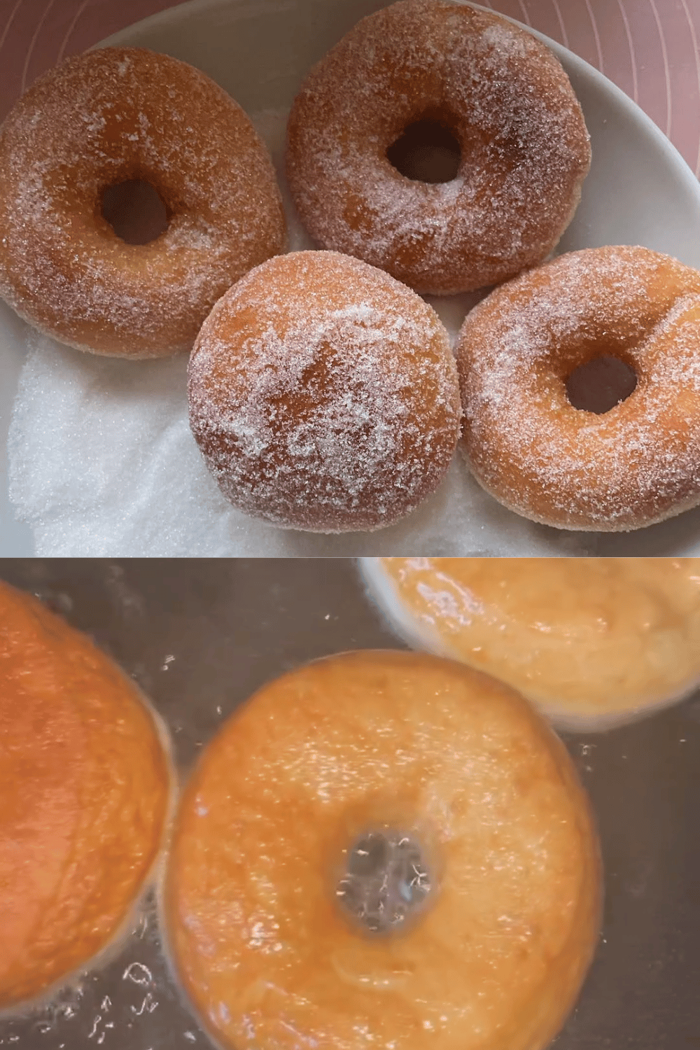 Beignets moelleux dorés et saupoudrés de sucre, servis sur une assiette.