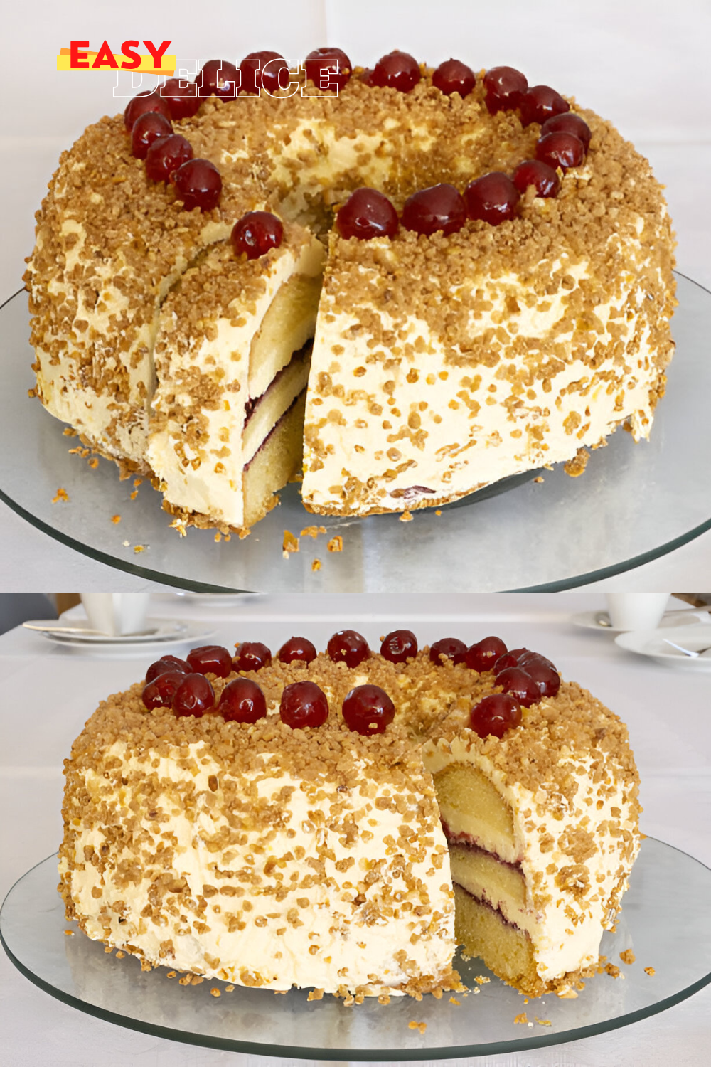 Gâteau Frankfurter Kranz doré, décoré de pralines croquantes et de cerises confites