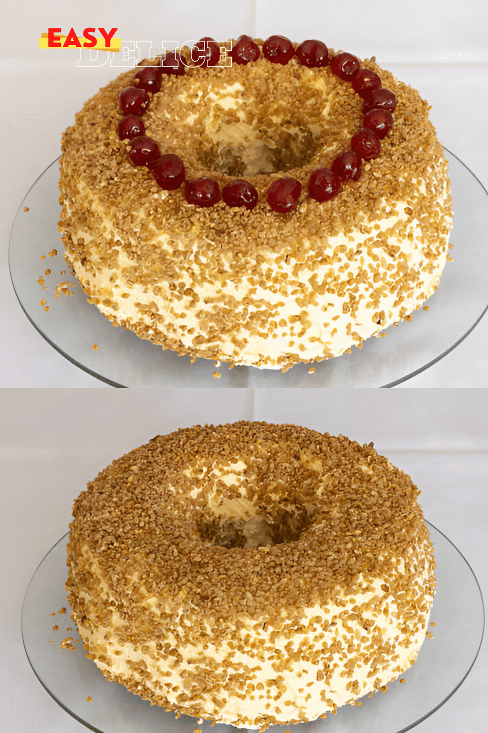 Gâteau Frankfurter Kranz doré, décoré de pralines croquantes et de cerises confites