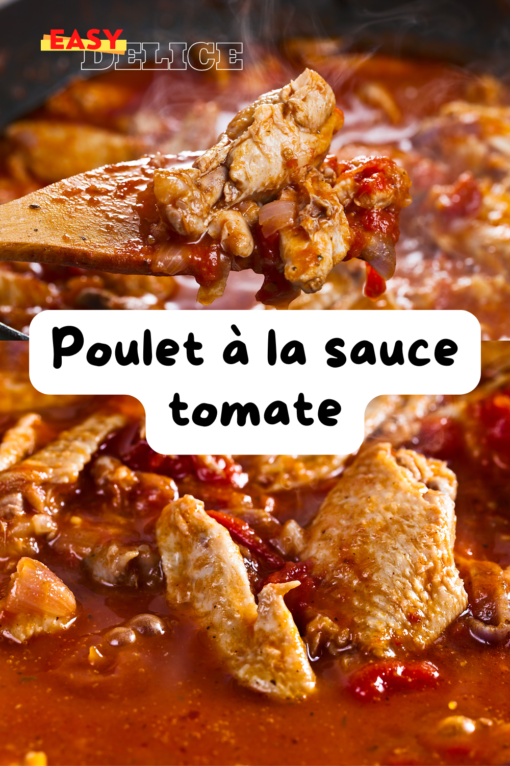 Plat de poulet mijoté à la sauce tomate, garni de basilic frais et servi avec du riz.