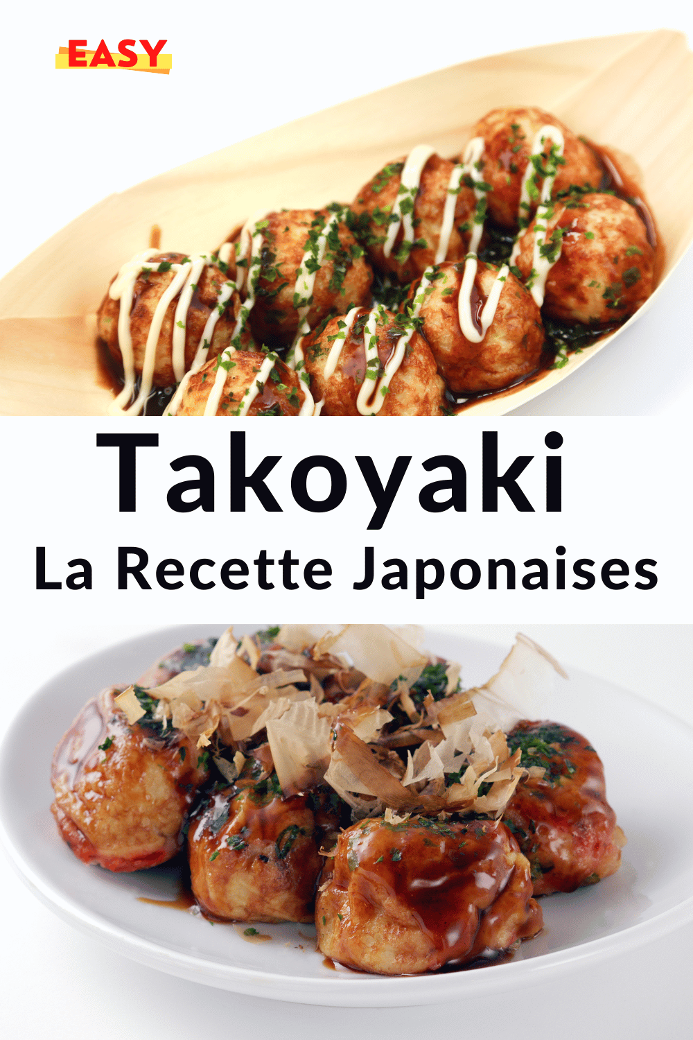 Assiette de Takoyakis traditionnels garnis de sauce takoyaki, mayonnaise et flocons de bonite