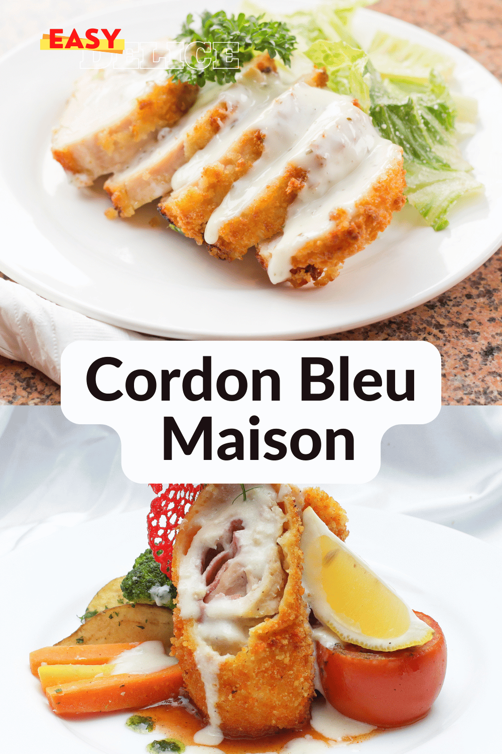 Un cordon bleu maison doré, coupé pour révéler une garniture fondante au fromage et au jambon