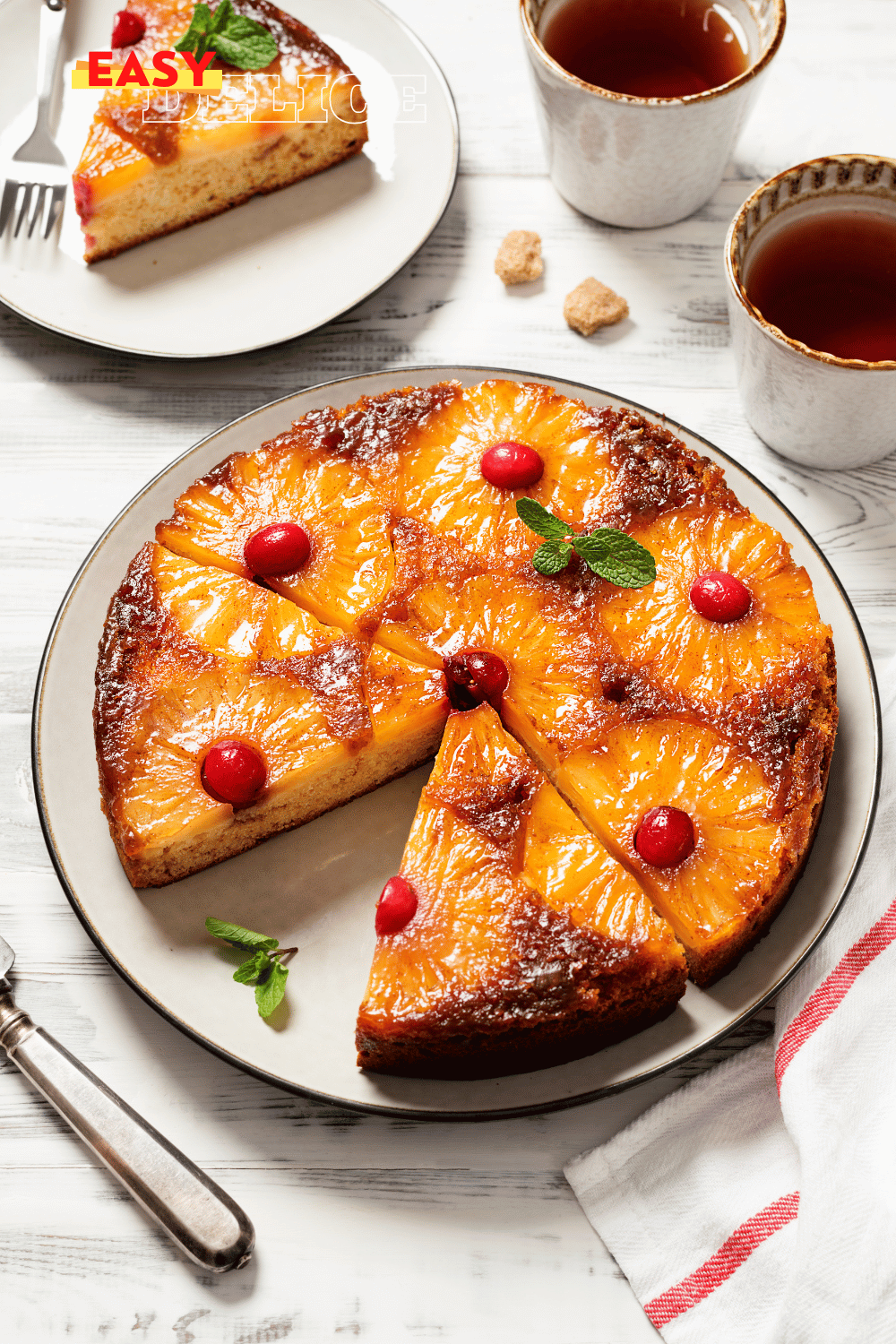 Gâteau renversé à l’ananas doré avec des rondelles caramélisées et une texture moelleuse