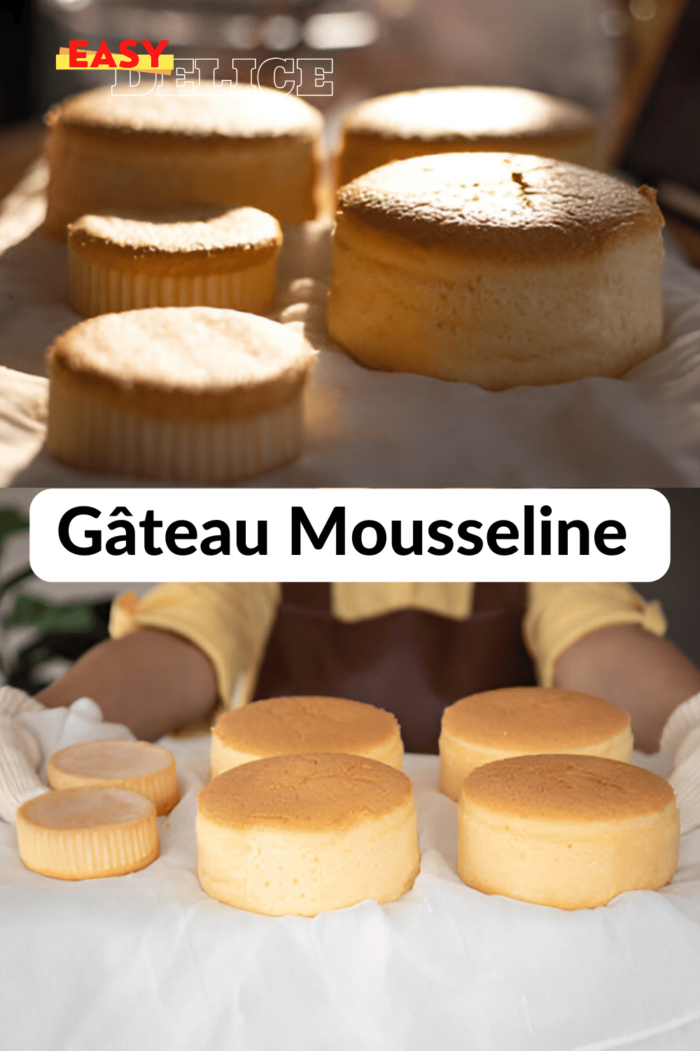 Gâteau mousseline moelleux, légèrement saupoudré de sucre glace, posé sur un plat élégant