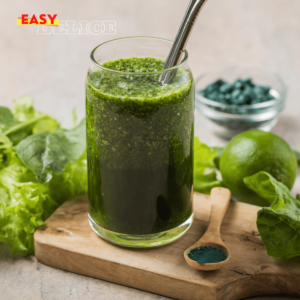 Verre de smoothie vert vibrant, garni de feuilles de menthe fraîche et tranches de citron