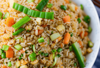 Bol de riz aux légumes coloré et appétissant.