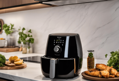 Un Airfryer futuriste au design innovant, équipé d’un écran tactile et connecté à une application mobile