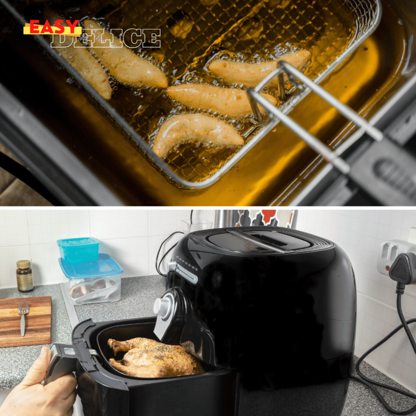 Air fryer moderne et friteuse classique côte à côte dans une cuisine contemporaine