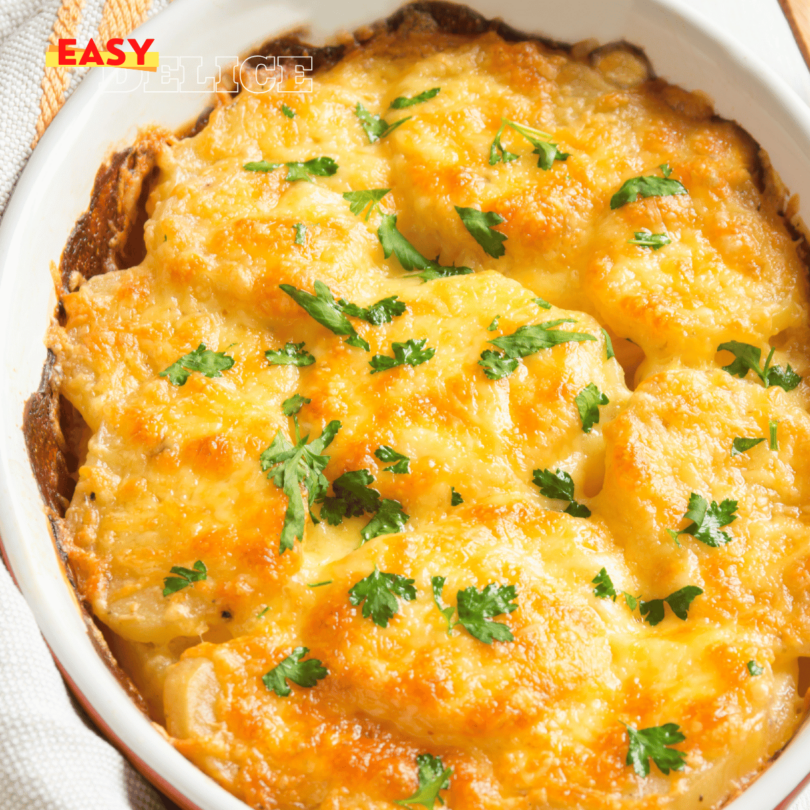 Un gratin de pommes de terre doré, garni de fromages fondus, dans un plat convivial