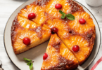 Gâteau renversé à l’ananas doré avec des rondelles caramélisées et une texture moelleuse