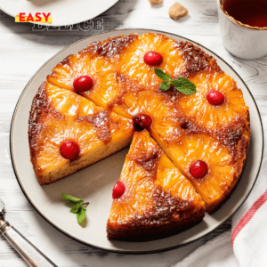 Gâteau renversé à l’ananas doré avec des rondelles caramélisées et une texture moelleuse