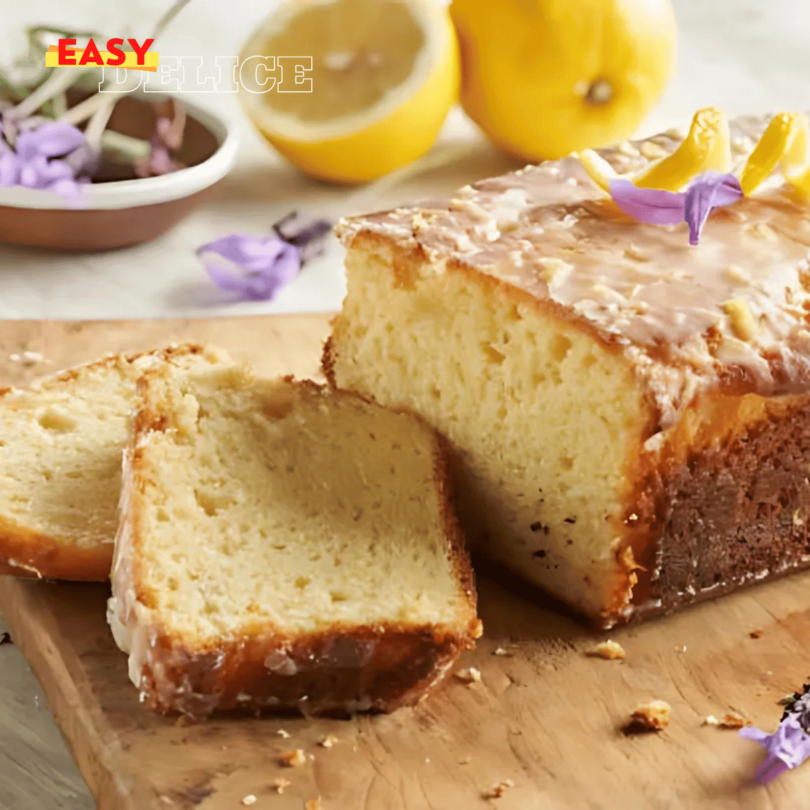 Cake citron doré et moelleux, nappé d’une sauce acidulée et garni de zestes de citron