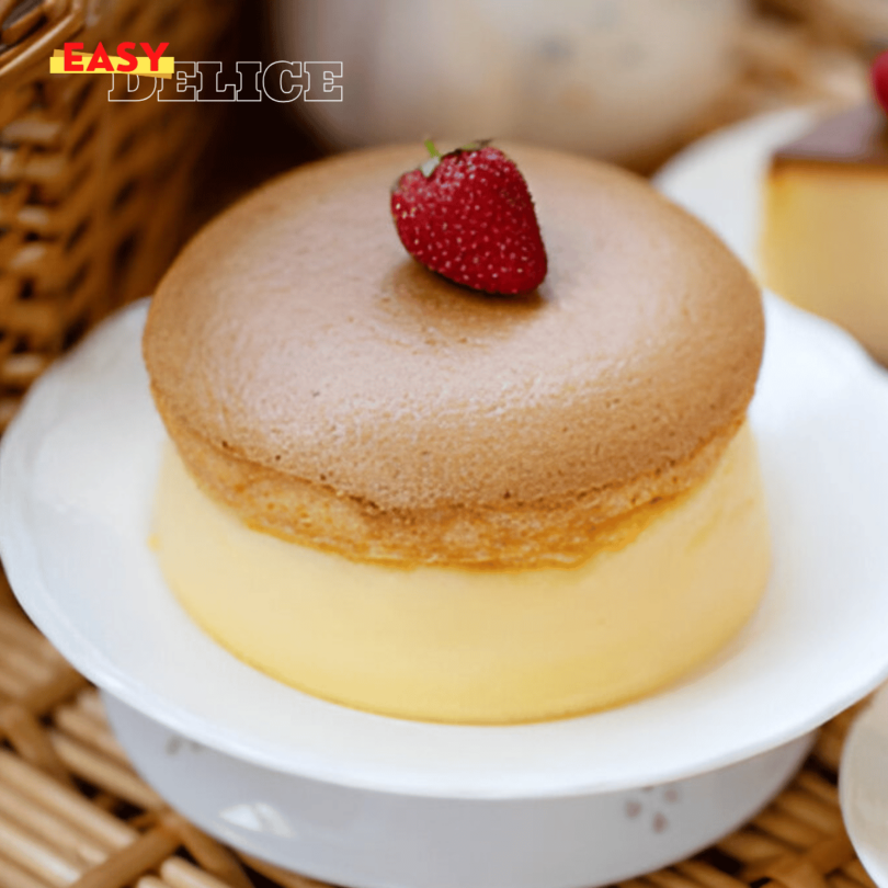 Gâteau japonais au fromage moelleux et aérien, saupoudré de sucre glace et décoré de fruits frais