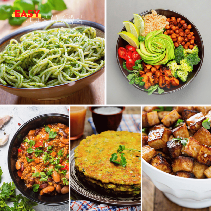 Assiette colorée de plats végétaliens : légumes rôtis, riz aux herbes, tofu mariné et avocat.