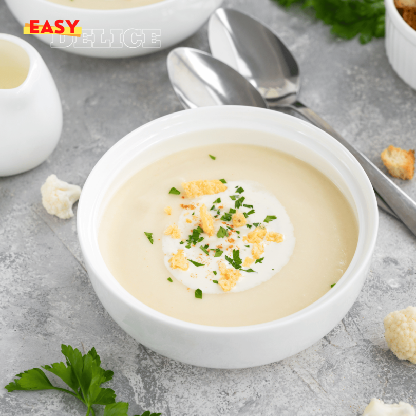 Bol de soupe de chou-fleur crémeuse, décorée de croutons dorés et d’un filet d’huile d’olive.