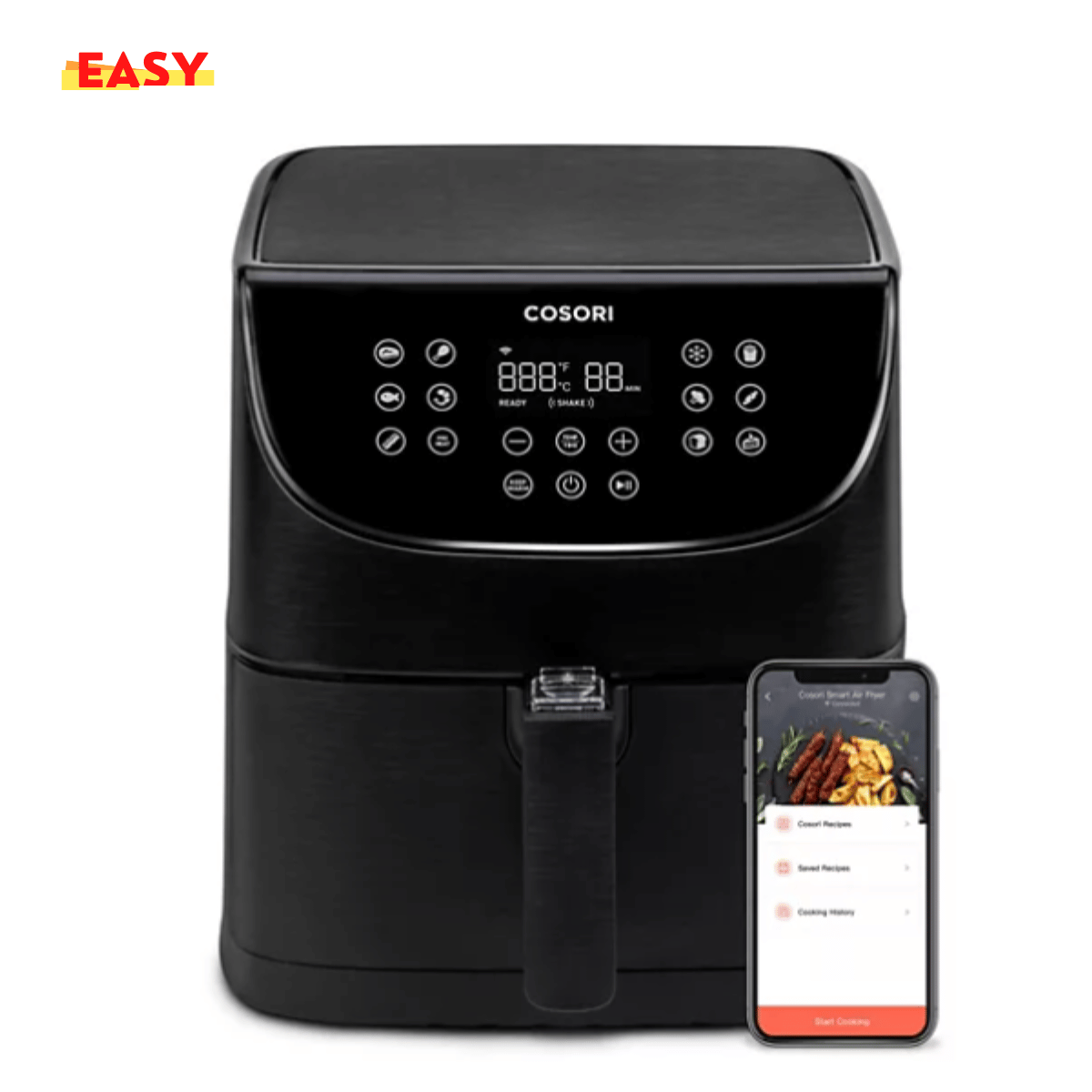 Modern airfryer on a kitchen counter, filled with golden, crispy fries.