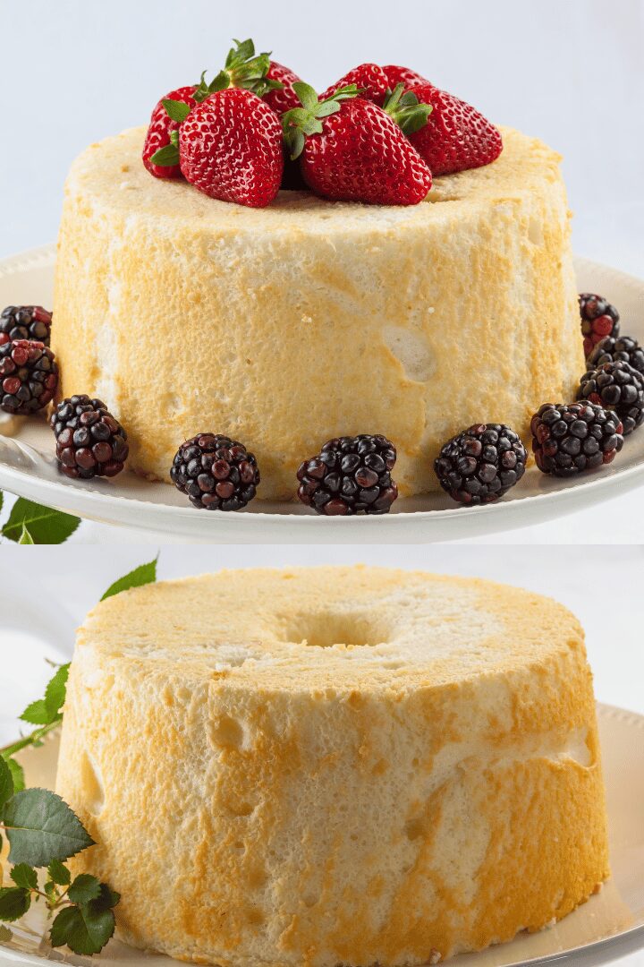 Gâteau des anges aérien, tranché, accompagné d’un coulis de fruits rouges et de menthe fraîche.