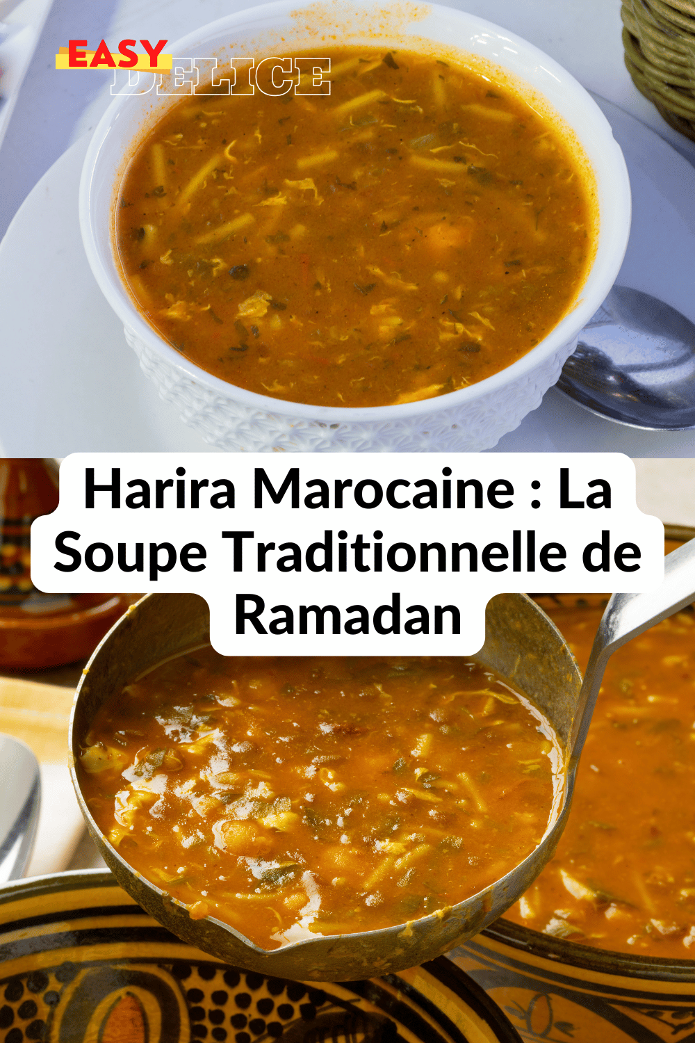 Harira marocaine servie dans un bol, accompagnée de dattes et de pain traditionnel.