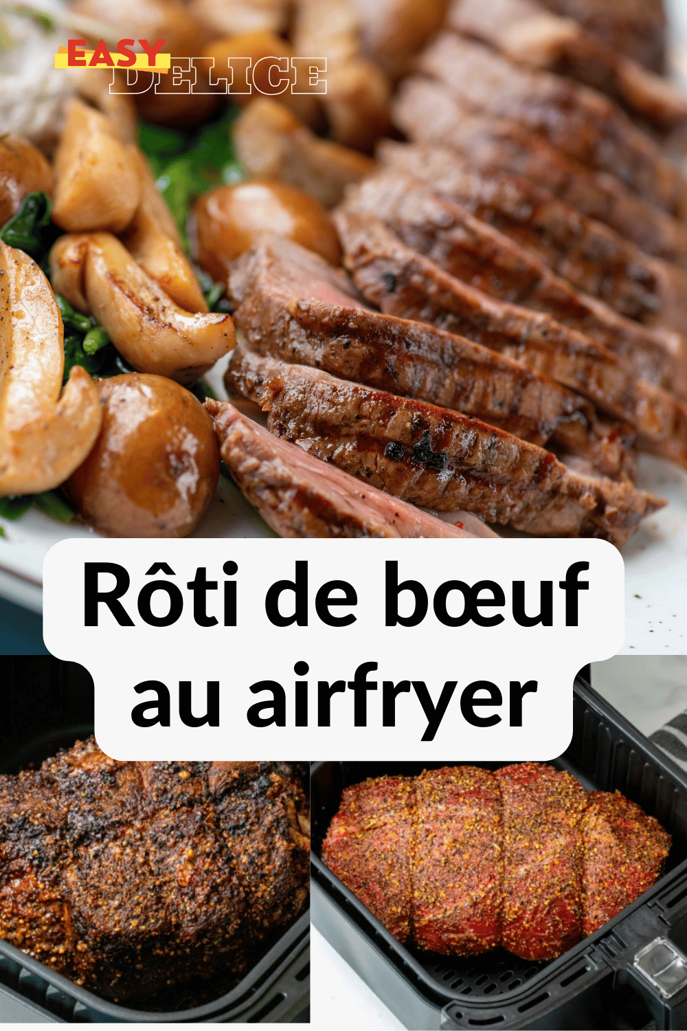 Rôti de bœuf cuit à l’airfryer, prêt à être tranché et servi avec des légumes rôtis.