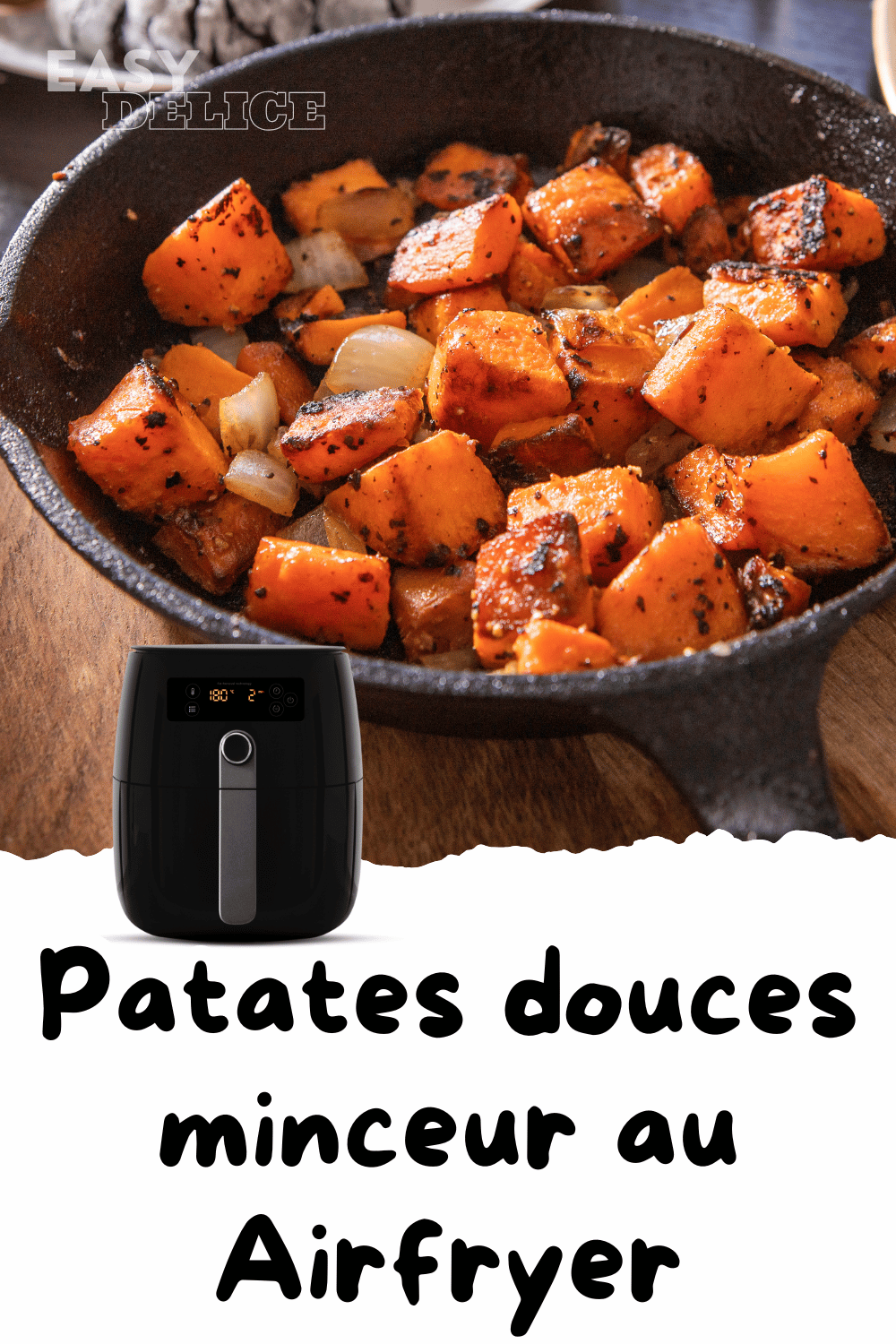 Patates douces croustillantes cuites à l’airfryer, prêtes à être servies avec des herbes fraîches.