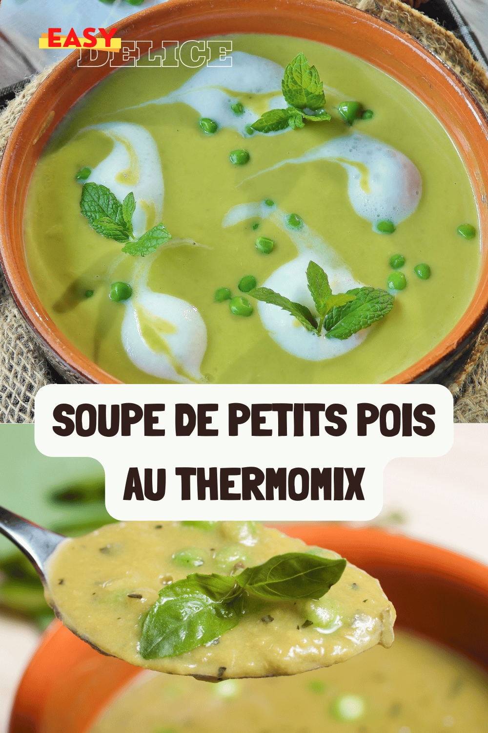 Soupe de petits pois onctueuse servie dans un bol avec croûtons et menthe fraîche