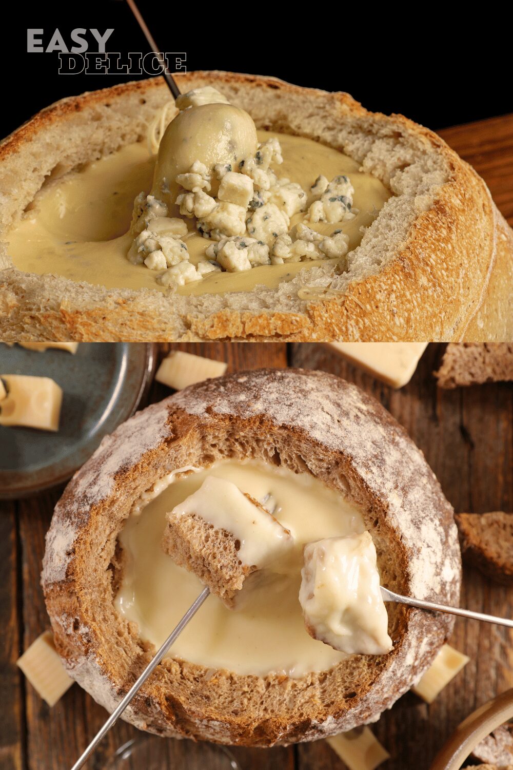 Fondue surprise en pain boule, croustillante et garnie de fromage fondu.