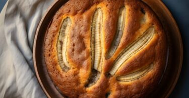 Gâteau aux bananes moelleux, cuit à la poêle, avec une belle caramélisation.