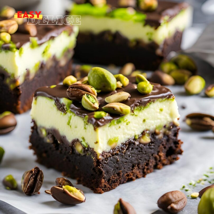 Brownies marbrés au cheesecake pistache, garnis de pistaches concassées, servis sur une assiette blanche.