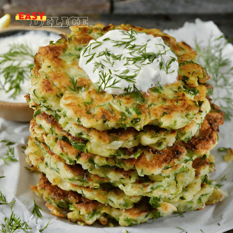 Galettes de courgettes dorées et croustillantes servies avec une sauce maison.