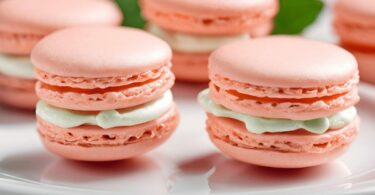 Macarons salés au saumon et fromage frais, garnis d’aneth, présentés sur une assiette raffinée.