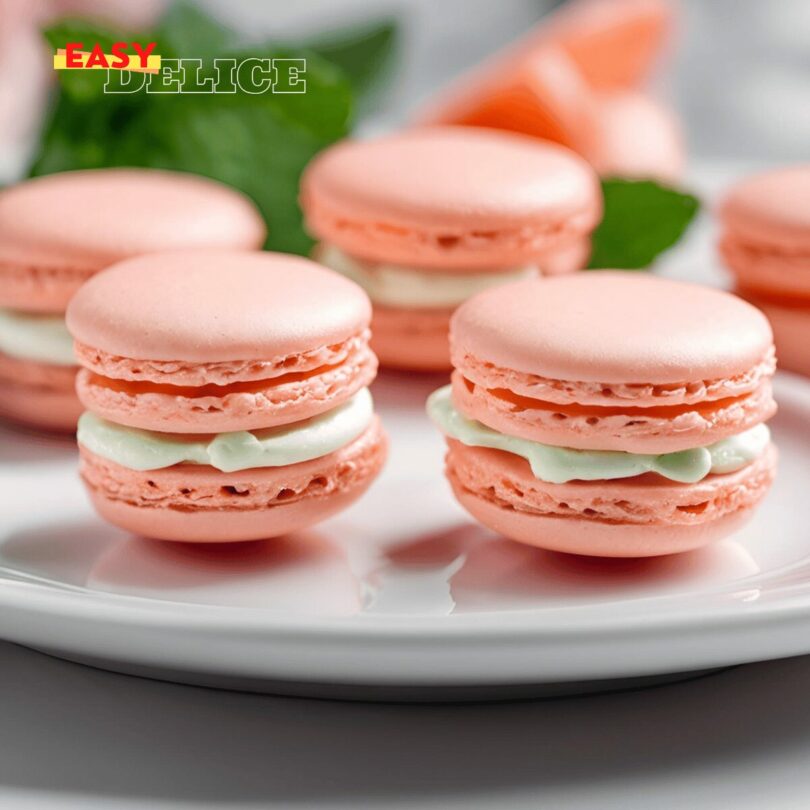 Macarons salés au saumon et fromage frais, garnis d’aneth, présentés sur une assiette raffinée.