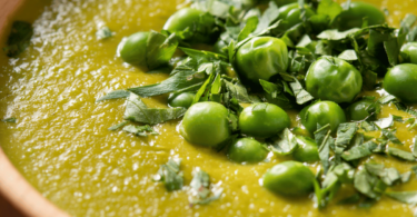 Soupe de petits pois onctueuse servie dans un bol avec croûtons et menthe fraîche