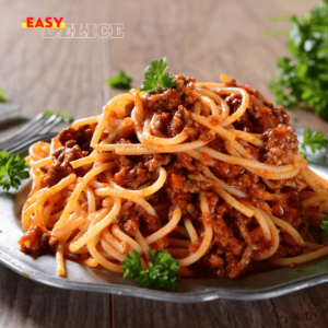 Spaghettis bolognaise servis dans un plat, garnis de parmesan et de persil frais.