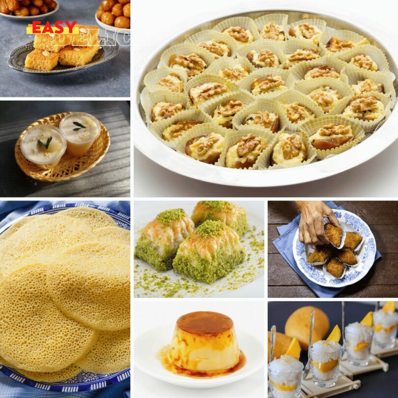 Table remplie de desserts Ramadan : baklava, crêpes mille trous, et puddings joliment présentés.